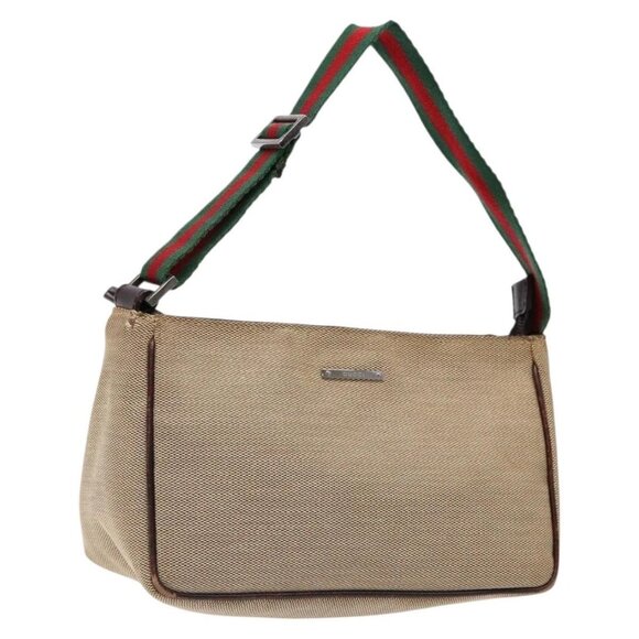 GUCCI Web Sherry Line Accessory Pouch Canvas Beige Silver Auth ep9957 - Picture 1 of 16